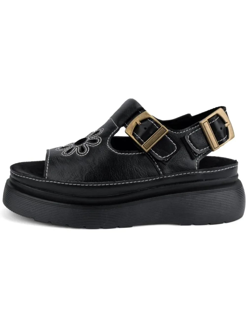 Women's Black Flat Open Toe Flower Decoration Fisherman Platform Sandal Shoes